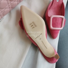 Manolo Blahnik Fashion Sheepskin Square Buckle High Heel Muller Slippers Rose Red