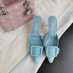 Manolo Blahnik Fashion Sheepskin Square Buckle High Heel Muller Slippers Blue