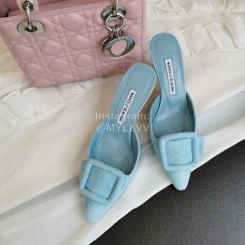 Manolo Blahnik Fashion Sheepskin Square Buckle High Heel Muller Slippers Blue