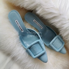 Manolo Blahnik Fashion Sheepskin Square Buckle High Heel Muller Slippers Blue
