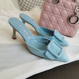 Manolo Blahnik Fashion Sheepskin Square Buckle High Heel Muller Slippers Blue
