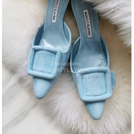 Manolo Blahnik Fashion Sheepskin Square Buckle High Heel Muller Slippers Blue