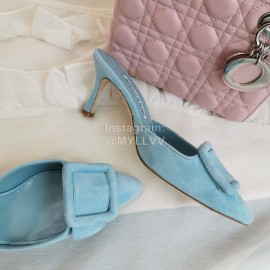 Manolo Blahnik Fashion Sheepskin Square Buckle High Heel Muller Slippers Blue