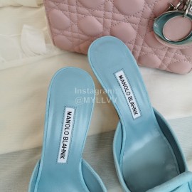 Manolo Blahnik Fashion Sheepskin Square Buckle High Heel Muller Slippers Blue