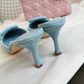 Manolo Blahnik Fashion Sheepskin Square Buckle High Heel Muller Slippers Blue