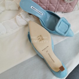 Manolo Blahnik Fashion Sheepskin Square Buckle High Heel Muller Slippers Blue