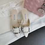 Manolo Blahnik New Sheepskin Square Buckle High Heel Muller Slippers Beige