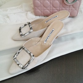 Manolo Blahnik New Sheepskin Square Buckle High Heel Muller Slippers Beige