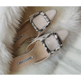 Manolo Blahnik New Sheepskin Square Buckle High Heel Muller Slippers Beige