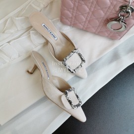 Manolo Blahnik New Sheepskin Square Buckle High Heel Muller Slippers Beige