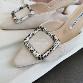 Manolo Blahnik New Sheepskin Square Buckle High Heel Muller Slippers Beige