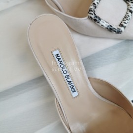 Manolo Blahnik New Sheepskin Square Buckle High Heel Muller Slippers Beige