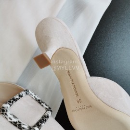Manolo Blahnik New Sheepskin Square Buckle High Heel Muller Slippers Beige