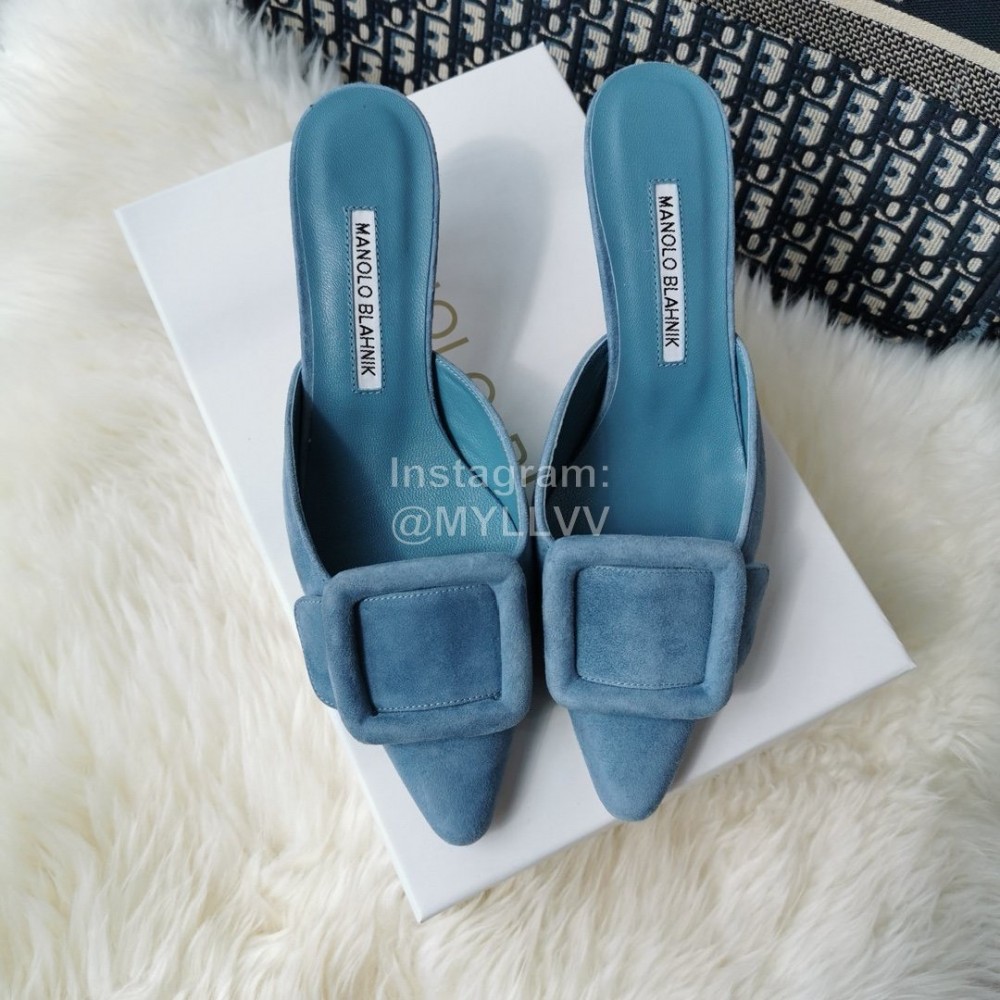 Manolo Blahnik New Sheepskin Square Buckle High Heel Muller Slippers Blue