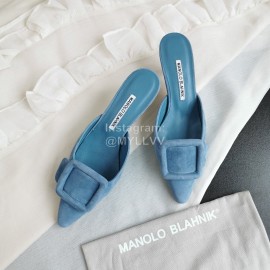 Manolo Blahnik New Sheepskin Square Buckle High Heel Muller Slippers Blue