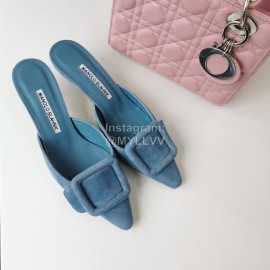 Manolo Blahnik New Sheepskin Square Buckle High Heel Muller Slippers Blue
