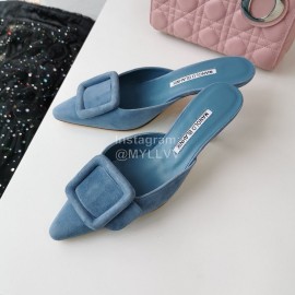 Manolo Blahnik New Sheepskin Square Buckle High Heel Muller Slippers Blue