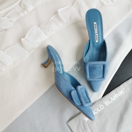 Manolo Blahnik New Sheepskin Square Buckle High Heel Muller Slippers Blue