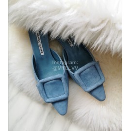 Manolo Blahnik New Sheepskin Square Buckle High Heel Muller Slippers Blue