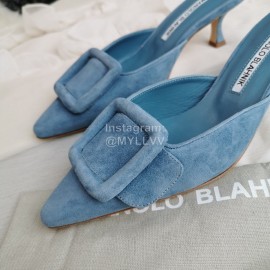 Manolo Blahnik New Sheepskin Square Buckle High Heel Muller Slippers Blue
