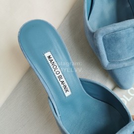 Manolo Blahnik New Sheepskin Square Buckle High Heel Muller Slippers Blue