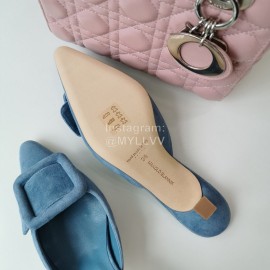 Manolo Blahnik New Sheepskin Square Buckle High Heel Muller Slippers Blue