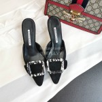 Manolo Blahnik New Sheepskin Square Buckle High Heel Muller Slippers Black
