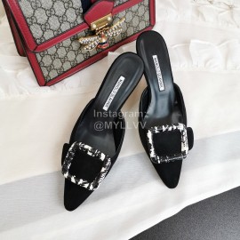 Manolo Blahnik New Sheepskin Square Buckle High Heel Muller Slippers Black