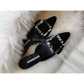 Manolo Blahnik New Sheepskin Square Buckle High Heel Muller Slippers Black