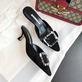 Manolo Blahnik New Sheepskin Square Buckle High Heel Muller Slippers Black