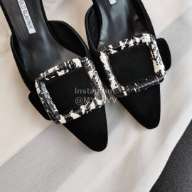 Manolo Blahnik New Sheepskin Square Buckle High Heel Muller Slippers Black