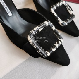 Manolo Blahnik New Sheepskin Square Buckle High Heel Muller Slippers Black