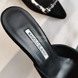 Manolo Blahnik New Sheepskin Square Buckle High Heel Muller Slippers Black