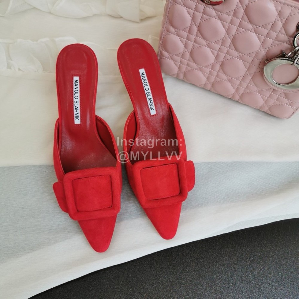 Manolo Blahnik Fashion Sheepskin Square Buckle High Heel Muller Slippers Red