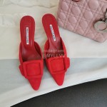 Manolo Blahnik Fashion Sheepskin Square Buckle High Heel Muller Slippers Red