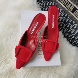 Manolo Blahnik Fashion Sheepskin Square Buckle High Heel Muller Slippers Red