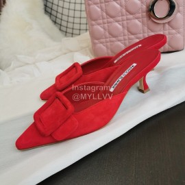 Manolo Blahnik Fashion Sheepskin Square Buckle High Heel Muller Slippers Red