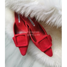 Manolo Blahnik Fashion Sheepskin Square Buckle High Heel Muller Slippers Red