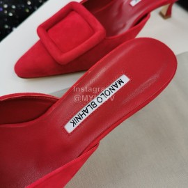 Manolo Blahnik Fashion Sheepskin Square Buckle High Heel Muller Slippers Red