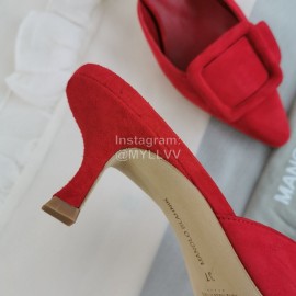 Manolo Blahnik Fashion Sheepskin Square Buckle High Heel Muller Slippers Red