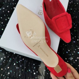 Manolo Blahnik Fashion Sheepskin Square Buckle High Heel Muller Slippers Red