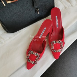 Manolo Blahnik New Sheepskin Square Buckle High Heel Muller Slippers Red
