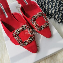 Manolo Blahnik New Sheepskin Square Buckle High Heel Muller Slippers Red