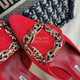 Manolo Blahnik New Sheepskin Square Buckle High Heel Muller Slippers Red