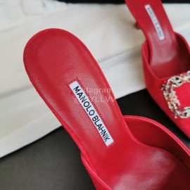 Manolo Blahnik New Sheepskin Square Buckle High Heel Muller Slippers Red