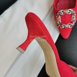 Manolo Blahnik New Sheepskin Square Buckle High Heel Muller Slippers Red
