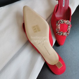 Manolo Blahnik New Sheepskin Square Buckle High Heel Muller Slippers Red