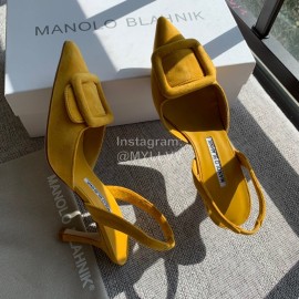 Manolo Blahnik Soft Sheepskin Velvet High Heel Muller Shoes Yellow
