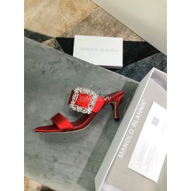 Manolo Blahnik Spring And Summer Silk High Heeled Slippers For Women Red