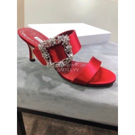Manolo Blahnik Spring And Summer Silk High Heeled Slippers For Women Red
